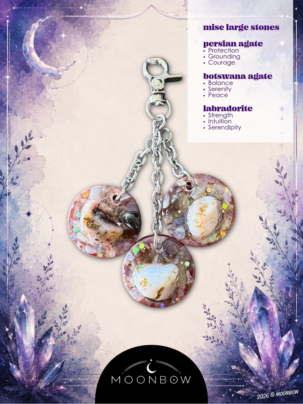 ©️Moonbow Handmade Crystal Charm - Misc Large Stones, Botswana & Persian Agate